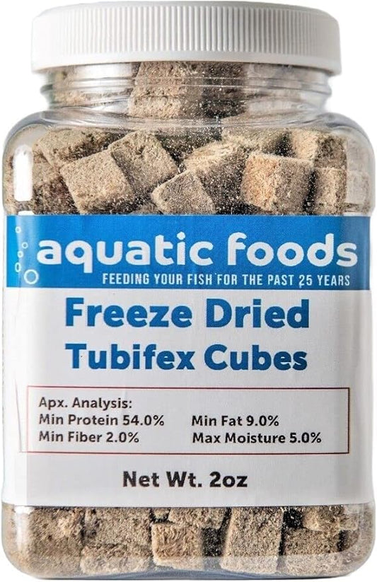 Aquatic Foods Inc. Tubifex Worms-Freeze Dried Floating Tubifex Worm Cubes for All Tropical Fish, Marine Fish, Discus, Cichlids, Koi & Pond Fish, Turtles…2oz Small Jar