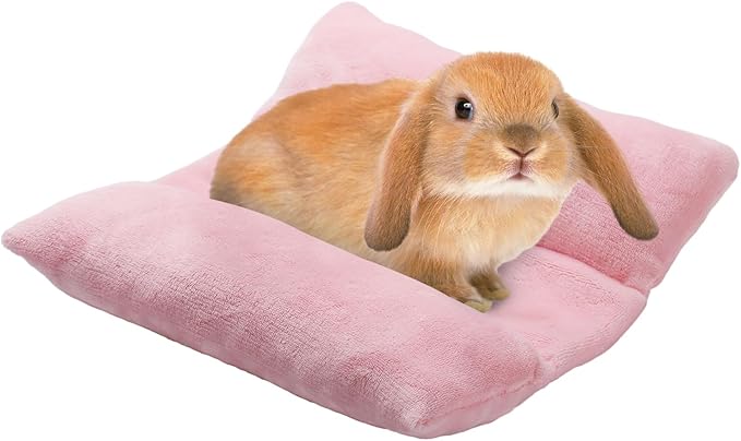 MEWTOGO 13 x 14In Rabbit Bed, Thickened Soft Snuggle Bunny Bed, Cuddle Cushion Plush Mat with Cotton Lounger Pillows, Small Pet Flop Mat for Cage Sleeping Indoor, Pink