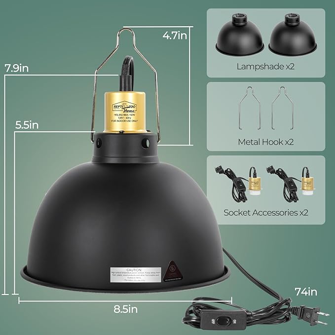 2 Pack Reptile Light Fixture, 8.5in Deep Dome Reptile Heat Lamp Fixture with Switch, Dual Terrarium UVB Basking Light Fixture for Chameleons Chicks, Suitable for E26 Bulbs Up to 150W
