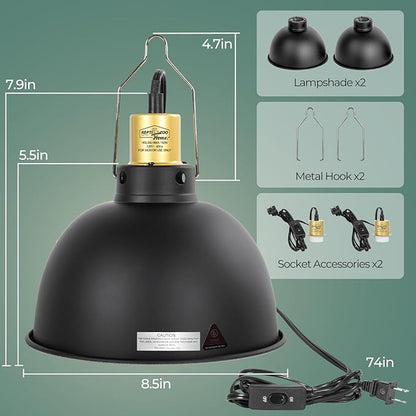2 Pack Reptile Light Fixture, 8.5in Deep Dome Reptile Heat Lamp Fixture with Switch, Dual Terrarium UVB Basking Light Fixture for Chameleons Chicks, Suitable for E26 Bulbs Up to 150W