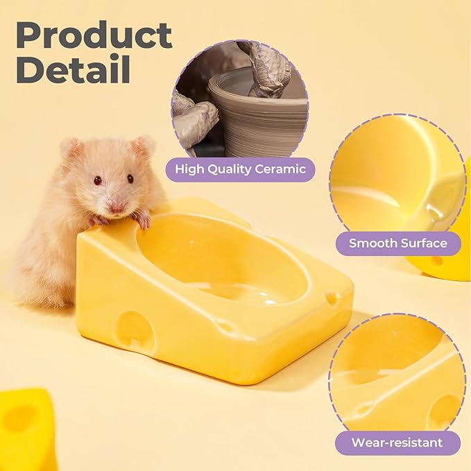 mini&moe Hamster Food Bowl - Ceramic Guinea Pig Bowl Chew-Proof Small Pet Anti-Turning Food & Water Feeding Dish for Rabbit, Gerbils, Mice, Rats, Chinchillas - 4.3in Cute Cheese-Shaped