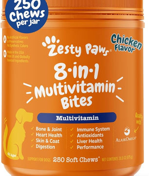Zesty Paws Dog Multivitamin, Chewable Dog Vitamins and Supplements for Hip & Joints, Skin & Coat, Omega 3 Fish Oil for Dogs- Senior & Puppy Multivitamin - Chicken- 250ct