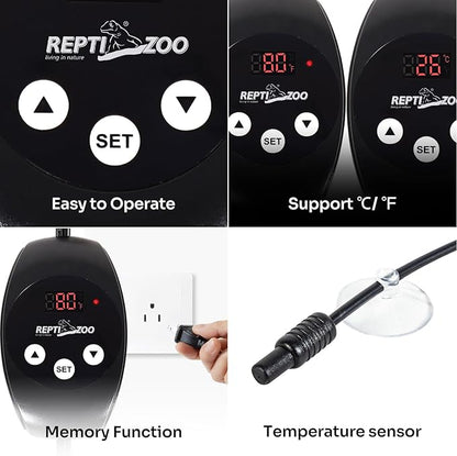 REPTI ZOO Dual Reptile Light Fixture with Dimming Thermostat and Timer, Deep Dome Lamp Fixture with Independent Reptile Dimming Thermostat Heat Bulb Temperature Controller and Timing Function