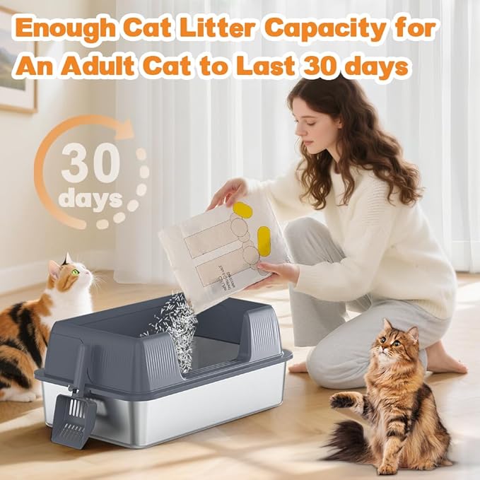 Vivifying Stainless Steel Cat Litter Box, XL Extra Large Semi-Enclosed Metal Pan with Side Entry, Scoop Included, Open Top Potty for Indoor Big Cats & Kitty, Easy to Clean & Odor Resistant (Gray)