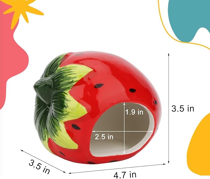 Hypeety Dwarf Hamster Hideout Adorable Cartoon Shape Hamster House Chinchilla Mini Hut Small Animal Ceramic Hideout Cave (Strawberry)