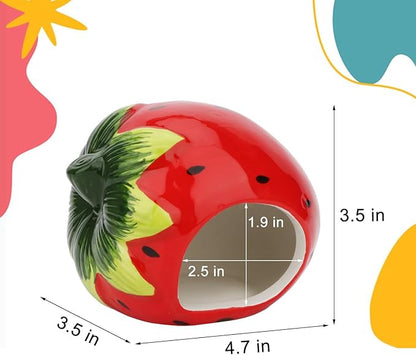 Hypeety Dwarf Hamster Hideout Adorable Cartoon Shape Hamster House Chinchilla Mini Hut Small Animal Ceramic Hideout Cave (Strawberry)