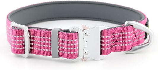 Plutus Pet Reflective Dog Collar with Aviation Aluminum Buckle, Neoprene Padded for Comfort, Lightweight, Heavy Duty Nylon Collar for Puppy Small Medium Large Dogs (Pink, M)
