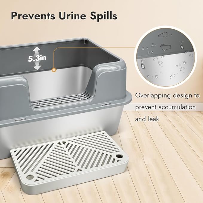 Vivifying Stainless Steel Cat Litter Box, Large Semi-Enclosed Litter Box with Lid, Anti-Leakage Metal Pan for Easy Cleaning & Odor Control (Gray)