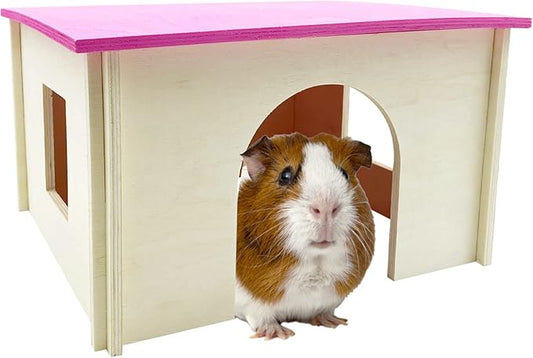 Fhiny Guinea Pig Wood House with Windows and Roof, Detachable Chinchilla Hut Hideout Hideaway Natural Hamster Habitat Decor for Hamsters Hedgehogs Squirrels or Other Small Animals (Random Color)