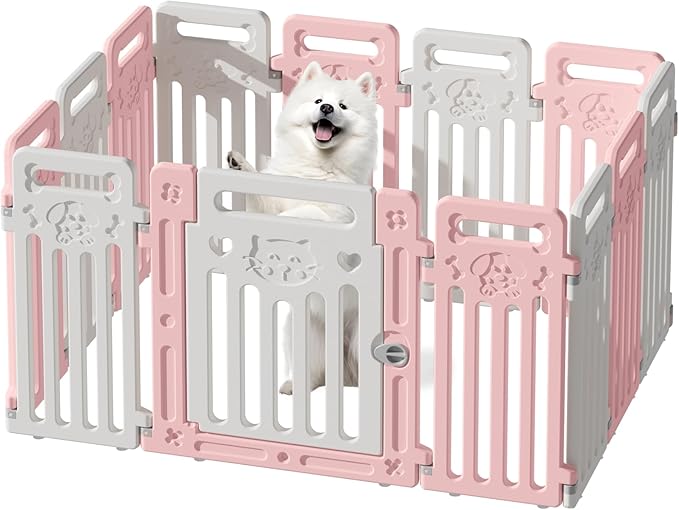 Dog Playpen Fence Clear Pet Puppy Foldable Kennel for Small Dogs Plastic Puppy Enclosure for Cat Rabbit Indoor Whelping Box for Dogs with Gate (Pink + White, 12 Panels+1 Door)