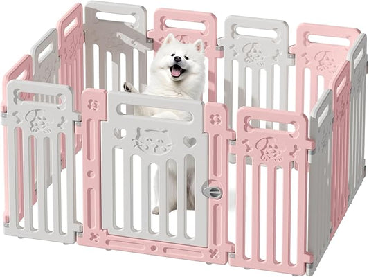 Dog Playpen Fence Clear Pet Puppy Foldable Kennel for Small Dogs Plastic Puppy Enclosure for Cat Rabbit Indoor Whelping Box for Dogs with Gate (Pink + White, 12 Panels+1 Door)