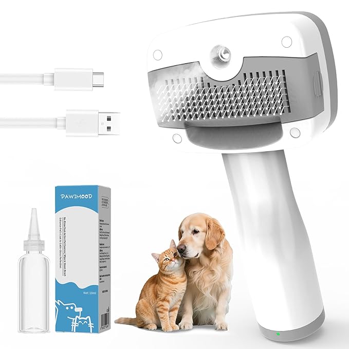 3 in 1 Pet Steam Brush for Dogs & Cats – Self Cleaning, Hair Removal Comb Steam for Shedding & Grooming for Long & Short Haired Pets,Includes Pet Essence