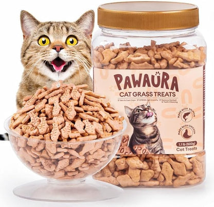 17.63oz Crunchy Cat Grass Treats for Hairball Control – Natural Salmon & Cat Grass & Catnip Biscuits, Low-Calorie Healthy Snacks for Indoor Cats, Digestive & Dental Care