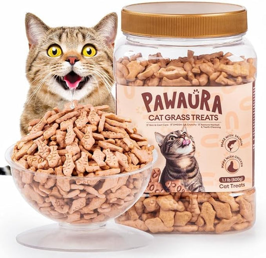 17.63oz Crunchy Cat Grass Treats for Hairball Control – Natural Salmon & Cat Grass & Catnip Biscuits, Low-Calorie Healthy Snacks for Indoor Cats, Digestive & Dental Care