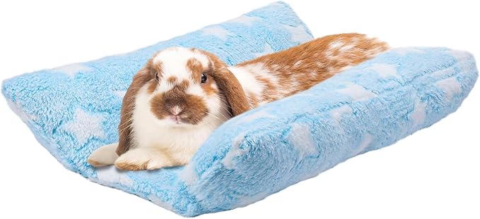 MEWTOGO 15.7 x 14In Rabbit Bed - Thickened Soft Bunny Concave Bed, Cuddle Cushion Plush Mat with Cotton Lounger Pillows for Cage Sleeping Indoor Bunny Gifts, Light Blue-Star