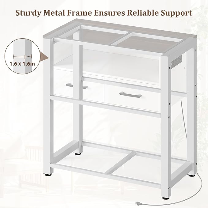 20-29 Gallon Aquarium Stand with Stable Metal Frame & Power Outlet, Heavy-Duty Fish Tank Stand with Waterproof Mat, 550LBS Capacity Storage Cabinet, White+Brown