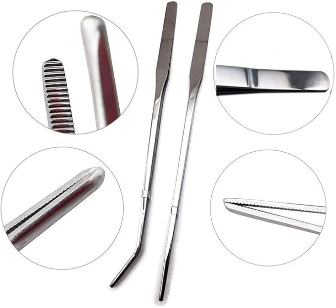 Reptile Feeding Tongs Stainless Steel Straight and Curved Tweezers Polished Long Handle Feeder Tools for Lizard Gecko Snake Spider Bird and Fish Aquariums,Silver