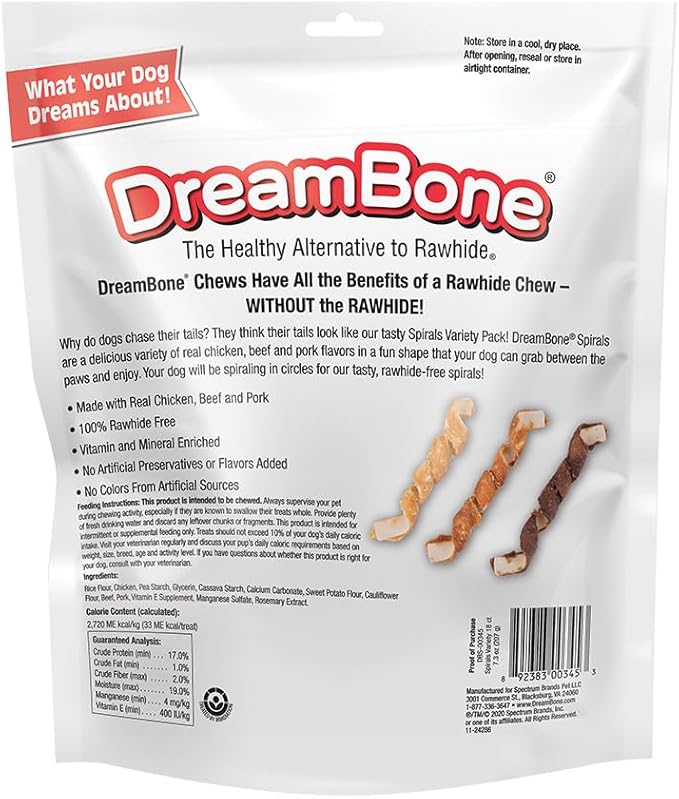 DreamBone Spirals Variety Pack, No-Rawhide Chews For Dogs, 18 Spiral Chews