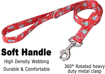 Dog Collar and Leash Set with Bohemia Floral Tribal Geometric Patterns - Soft Ethnic Style Collar Adjustable for Small Medium Large Dogs(Red Floral Set,L)