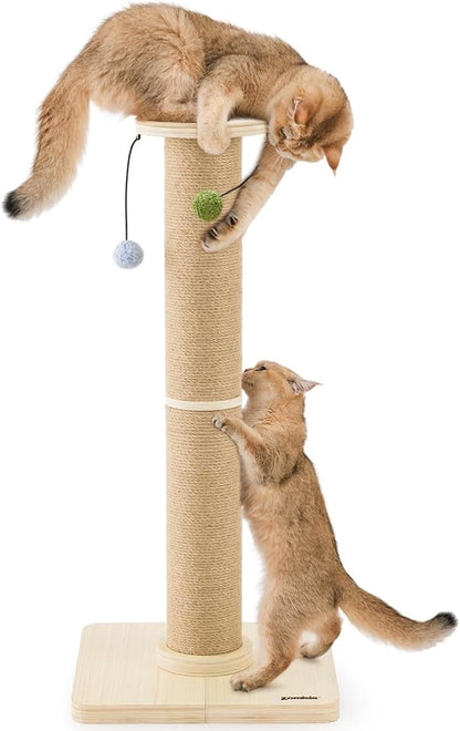35'' Tall Cat Scratching Post, 4.7'' Large Scratch Post with Thicken Wooden Base for Indoor Cats Adults, Sisal Scratcher Top & Dangling Balls, Super Sturdy