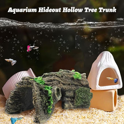 2PCS Aquarium Trunk Decoration Small Hollow Tree Trunk Hideout Log Hideaway Fish Tank Resin Wood Ornament Reptile Habitat Cave for Fish and Shrimp to Swim(6.7X 3.3 x 3'')