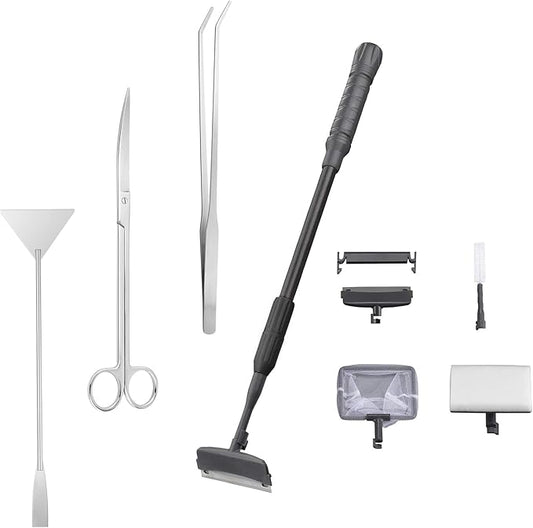Carefree Fish 7IN1 Aquarium Cleaning Tools Long Handle Adjustable Length 18~24Inch Fish Tank Cleaner Kit Alage Scraper Scrubber Brushes Set Plant Scissor Long Tweezer