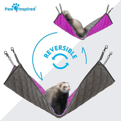 Paw Inspired Hanging Fleece Hammock for Ferrets, Rats, Chinchillas, Sugar Gliders, Small Pets | Hideout Toy for Guinea Pigs, Hamsters | Swivel Clips for Small Animal Cages (Gray/Pink)