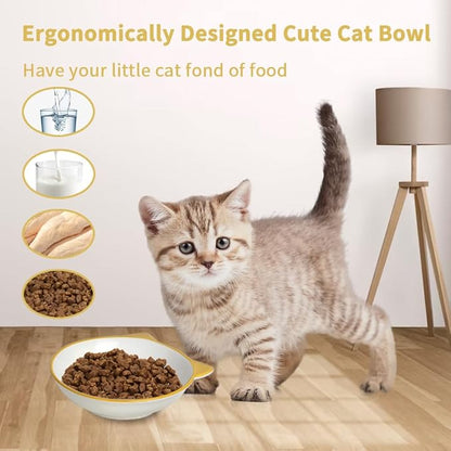 HAPPY KIT 2pcs Wide Shallow Cat Bowls,8.5oz Colorful Plate Set with Non-Slip Mat,5.7 inch Indoor Ceramic Cats Dish/Dishes Relief of Whisker Fatigue - Microwave and Dishwasher Safe