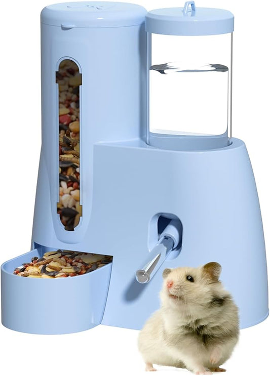 2 in 1 Hamster Water Bottle - Automatic Food Bowl, No Drip Small Animal Water Bottle Dispenser, for Syrian Dwarf Hamsters, Gerbils, Mouse, Hedgehog, Hamster Cage Accessories (Blue, Large)