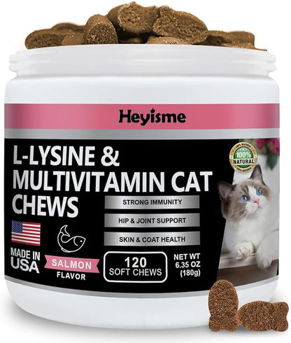 Lysine Supplement for Cats, Cat Treats for Sneezing and Runny Nose, Cold, Cat Immune Support, Eye Function, and Respiratory Health, L-Lysine cat Vitamins for Cats (120 Pills, Salmon)