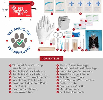 Dog First Aid Kit for Hiking & Travel - Vet Approved Emergency Supplies - Pet First Aid Kit Guide, Tick Remover, Thermal Blanket & More - Compact Dog Hiking Gear for Camping, Hunting, Backpacking