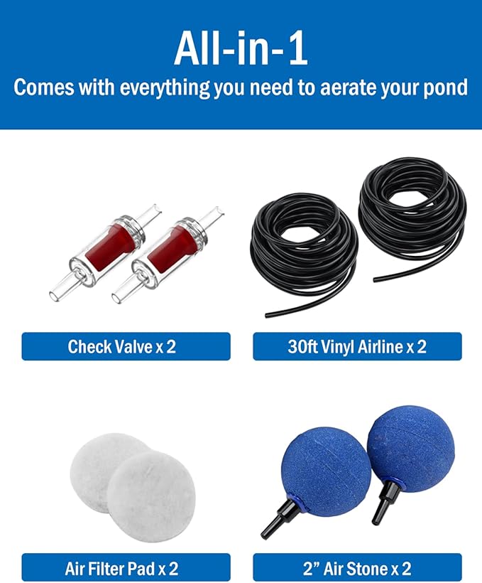 AquaMiracle All-in-One Koi Pond Aerator for Outdoor Ponds up to 1000 Gallons, Pond Air Pump Pond Aeration System with Double Outlet Airline Tubing Air Stones Check Valves