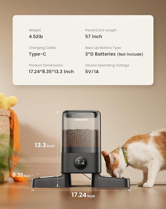 oneisall Automatic Cat Feeders 2 Cat, 20 Cups/5L Cats Auto Feeder, Automatic Cats Food Dispenser for Small Pets Indoor, Timed Pet Feeder for Dry Food
