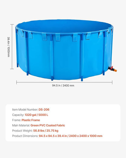 VEVOR Canvas Fish Pond, 1320 Gal Capacity Above Ground Fish Pond, Foldable PVC Koi Tank, Round Goldfish Tank with Stable Frame and Drain Valve, for Aquaculture, Koi Breeding, and Irrigation (Blue)