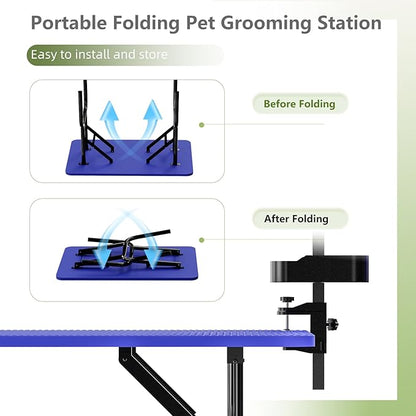 VFK 36''/47''Large Dog Grooming Table, Foldable Pet Station at Home, Dog Grooming Table,Adjustable Cat Drying Desktop with Arms, Nooses, Mesh Tray (Basic pet Table, 36" Blue)