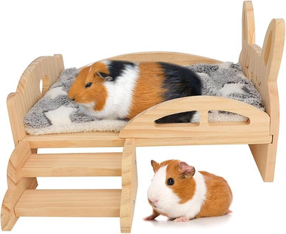Rypet Wooden Guinea Pig Bed with Stairs and Mat Cozy Small Animals Cushion Bed Detachable Small Pet Hut Habitats for Guinea Pig Dwarf Rabbit Chinchillas Hamster Ferret