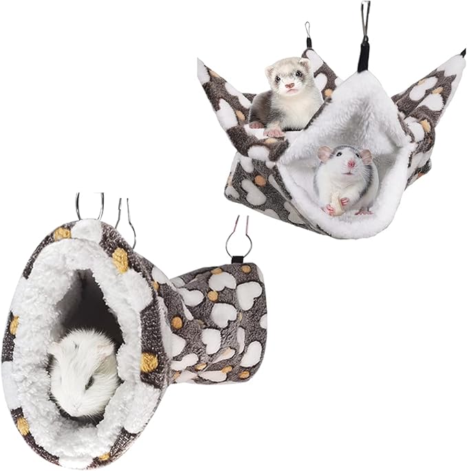 LEFTSTARER Cashmere Pet Bed Mat and Toy, Heart-Brown Ferret Guinea Pig Hammock Toy Small Animal Cage Accessories, 19.7x5.9in Hanging Tunnel & 13.39x13.39in Bunkbed Hammock