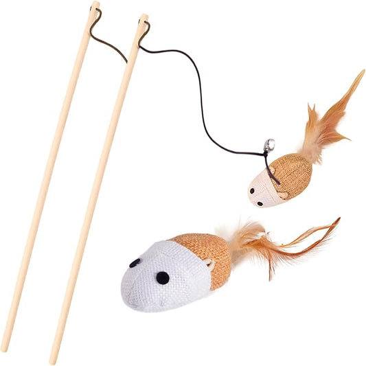 Cats Wand Toy Cat Teaser Toy Stretchy Rope Mouse Shape with Bell Feather Cat Self-Help Relief Toys Bite and Wear Resistant Pet Interactive Toy Suitable for Kittens Adult Cats Households