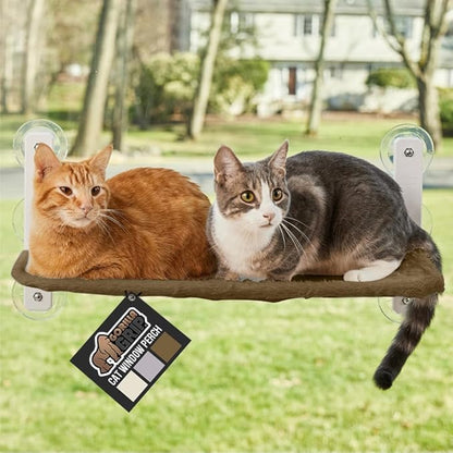GORILLA GRIP Cat Window Perch, Foldable Cat Window Hammock Bed with 6 Large Suction Cups, Cordless Indoor Wall Shelves, Strong Metal Frame Holds 40lbs, Reversible Washable Sherpa Cover, Large Brown