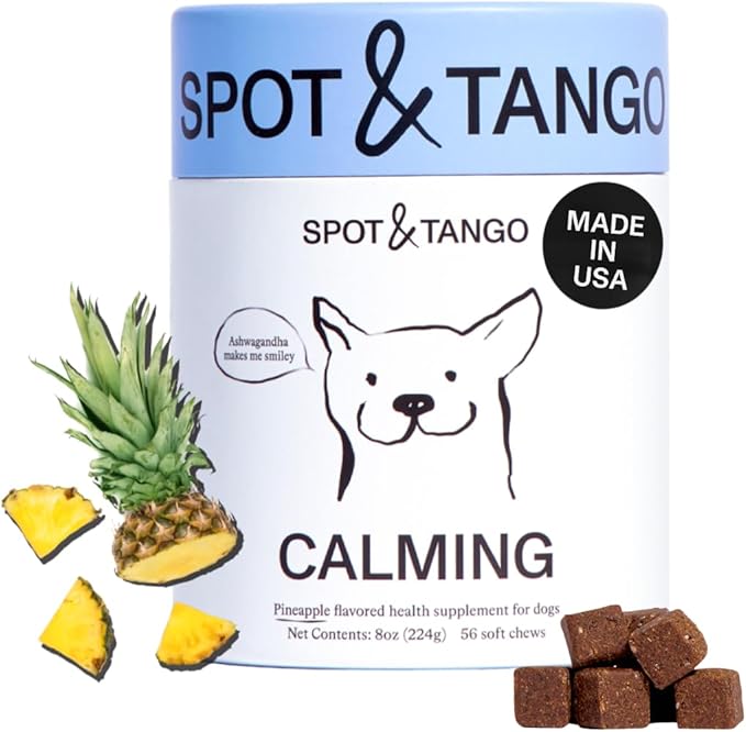 Spot & Tango Calming Supplements for Dogs - Vet-Approved for Anxiety and Stress Relief - L-Theanine, Passionflower, Ashwagandha, Chamomile - Flavored with Real Pineapple, 56 Count