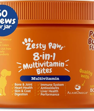Zesty Paws Dog Multivitamin, Chewable Dog Vitamins and Supplements for Hip & Joints, Skin & Coat, Omega 3 Fish Oil for Dogs- Senior & Puppy Multivitamin- Peanut Butter- 50ct