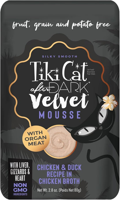 Tiki Cat After Dark, Velvet Mousse, Chicken & Duck Recipe in Chicken Broth, Grain & Potato Free Formula, with High Protein & Nutrient Dense Blended Irresistible Organ Meat, 2.8 oz. Pouch (12 Count)