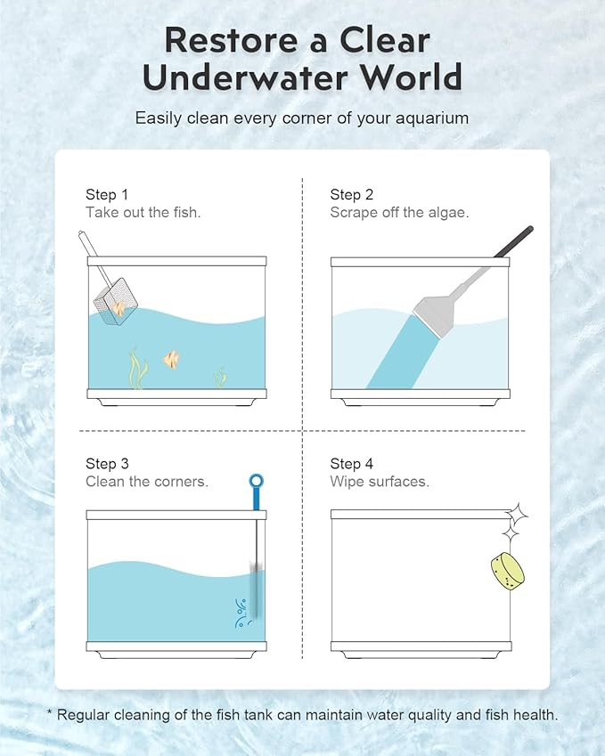 Fish Tank Cleaning Kit: Algae Scraper for Aquariums Glass Scrubber Cleaner Tools with Handle - 7 in 1 Betta Fish Tanks Cleaning Accessories Set Including Fishing Net Sponge Brush Pump Brush