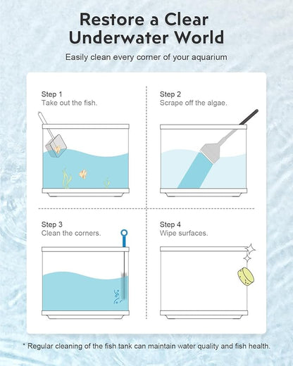 Fish Tank Cleaning Kit: Algae Scraper for Aquariums Glass Scrubber Cleaner Tools with Handle - 7 in 1 Betta Fish Tanks Cleaning Accessories Set Including Fishing Net Sponge Brush Pump Brush