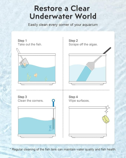 Fish Tank Cleaning Kit: Algae Scraper for Aquariums Glass Scrubber Cleaner Tools with Handle - 7 in 1 Betta Fish Tanks Cleaning Accessories Set Including Fishing Net Sponge Brush Pump Brush