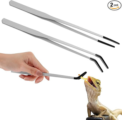 Lasnten 2 Pcs Extra Long Stainless Steel Reptile Feeding Tongs with Rubber Tip Bearded Dragon Aquarium Straight and Curved Long Tweezer Terrarium Feeder Tool for Tank(Silver, 10 Inch, 10.5 Inch)