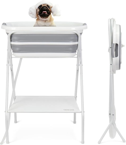 2 in 1 Dog Bath Tub Dog Washing Station for Bathing and Grooming, Elevated Collapsible Foldable Portable Shower Bathtub for Small Dogs Cats Pet, Indoor and Outdoor
