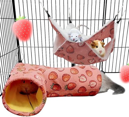 Rat Ferret Hammock Toys Cage Accessories, Guinea Pig Hideout Tunnel, Warm Bed for Rat Ferret Guinea Pig Sleep Hide and Play (1.Hammock+Corner Tunnel)
