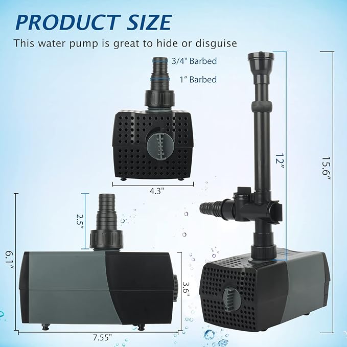WaterRebirth HSUP5000F Versatile Submersible Pump - Fountain Jets for Ponds, Fish Tanks, Water Gardens - Aquarium & Pond Pump (5000L/H)