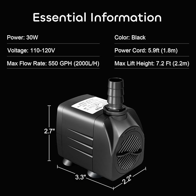 GROWNEER 550GPH Submersible Pump 30W Fountain Water Pump, 2000L/H, with 7.2ft High Lift, 3 Nozzles for Aquarium, Fish Tank, Pond, Hydroponics, Statuary